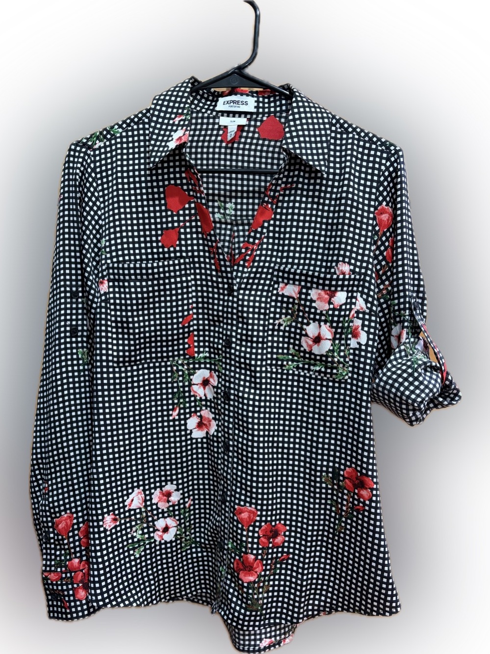 Express Portofino Black & White Gingham Shirt with Red Floral Print M